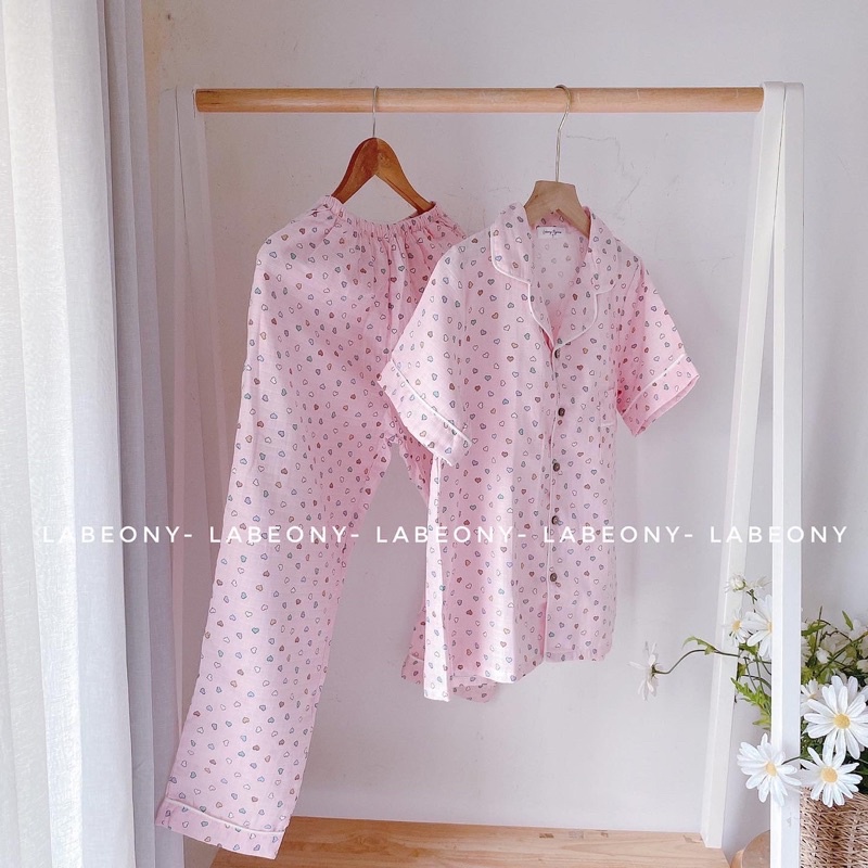 Pyjama nữ xô organic cotton đồ mặc nhà đồ bộ trái tim hoa nhí mềm mát Labeony