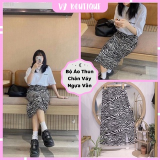 Bộ Váy Ngựa Vằn Rip Kèm Áo Thun Cotton 100% Phong Cách