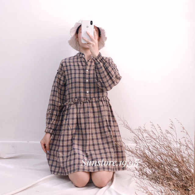 Đầm babydoll caro nữ tay phồng dài quảng châu ulzzang | BigBuy360 - bigbuy360.vn