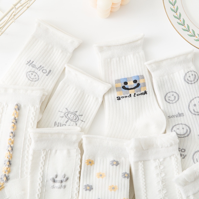 Set 5 Tất nữ cổ cao vải cotton thêu hình họa tiết phong cách Hàn Quốc