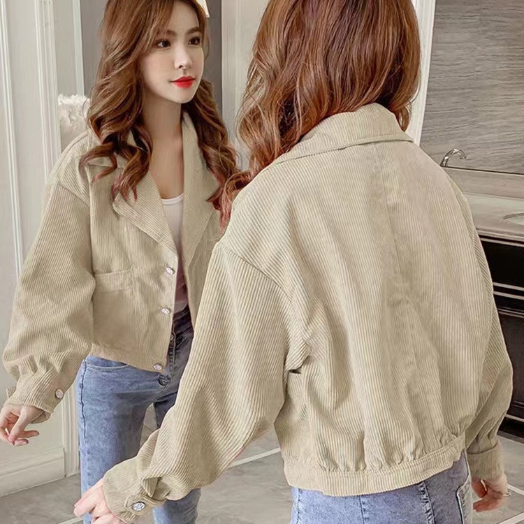 IELGY    Áo Khoác Nhung Kẻ Ngắn Giản Dị Dành Cho Nữ