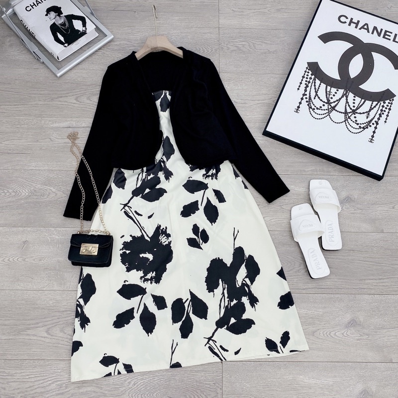 [ 𝐅𝐑𝐄𝐄 𝐒𝐇𝐈𝐏 ] SÉT VÁY 2 DÂY HOA MIX CADIGAN ĐEN SIÊU HÓT VÁY HOA THÔ LỤA