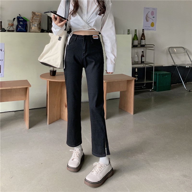 Xiaozhainv Quần jean nữ lưng cao xẻ tà thời trang cá tính
