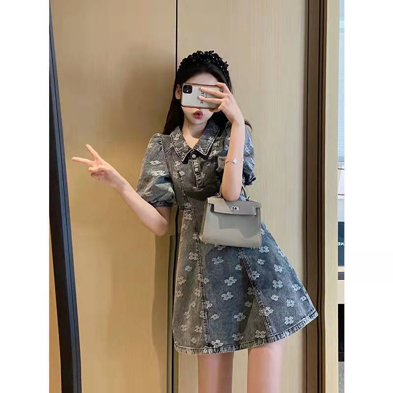 Váy demin cổ tích mua xuân form ngắn thiết kế chữ A kiểu Pháp