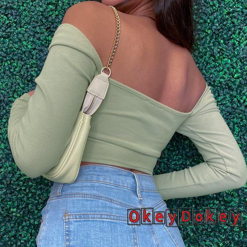 Áo Croptop Tay Dài Cổ Chữ V Màu Trơn Thời Trang Quyến Rũ Cho Nữ