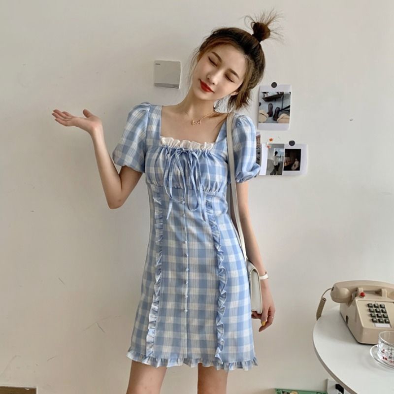 Đầm Tay Phồng Họa Tiết Sọc Caro Ôm Eo Thời Trang Mùa Hè Kiểu Pháp Dành Cho Nữ | BigBuy360 - bigbuy360.vn