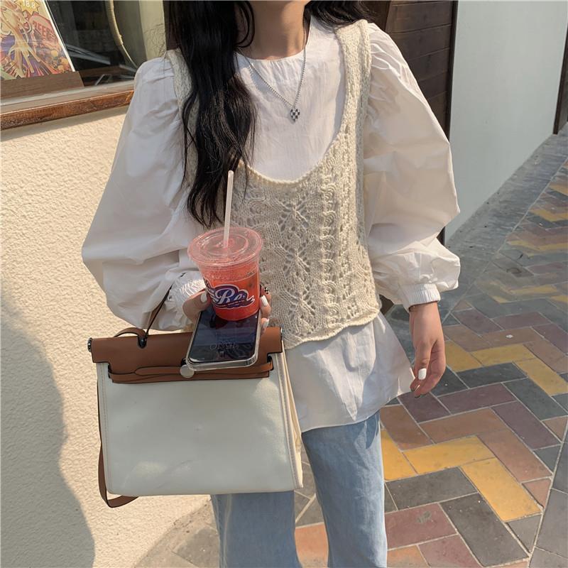 One Set Áo Sơ Mi Tay Phồng Kèm Áo Len Không Tay Thời Trang Cho Nữ