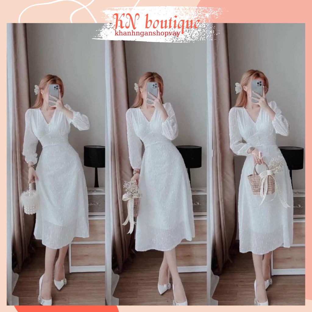 Đầm cô dâu trắng váy dự tiệc cưới tay dài đẹp dáng đầm nữ xòe cao cấp thiết kế sang trọng K N Boutique