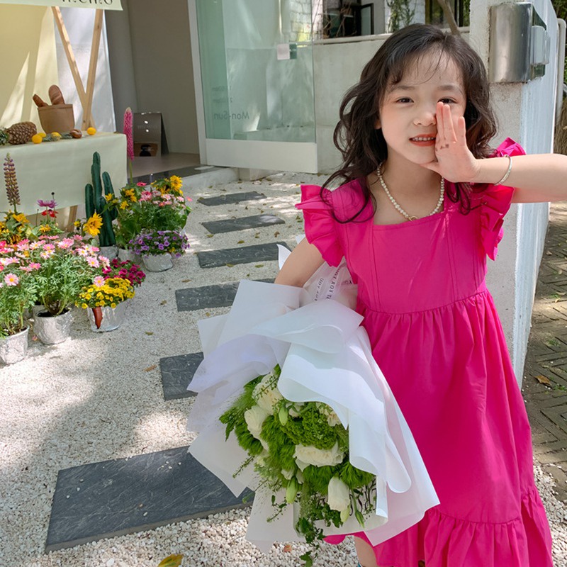 Đầm Tay Bèo Đính Nơ Màu Sắc Dạ Quang Phong Cách Hàn Quốc Cho Bé Gái