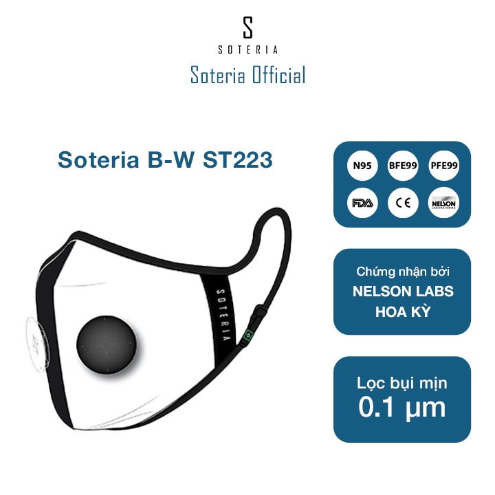 Khẩu trang tiêu chuẩn Quốc Tế Soteria Harmony,  bộ lọc bụi mịn N95 BFE PFE 99 đến 0.1 micromet - Size S,M,L