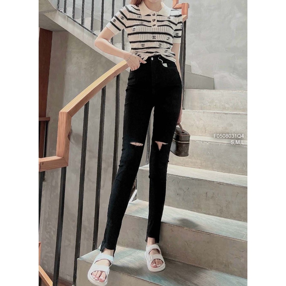 Quần jean đen dài ôm cắt đùi hai bên lưng cao tôn dáng!