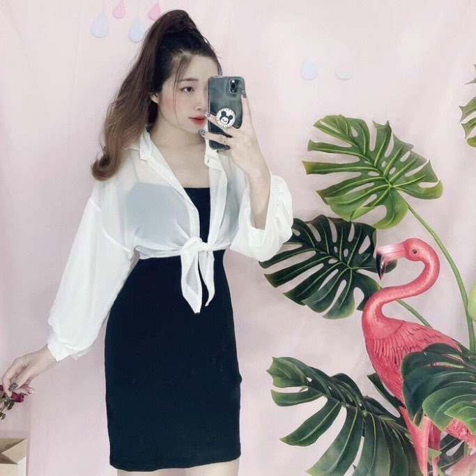 Áo sơ mi voan buộc vạt kèm đầm đen body 2 dây đen siêu co giãn ôm sát tiểu thư. MET SHOP