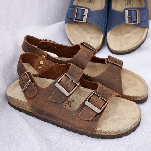 Sandals nam nữ unisex đế trấu da thật Lacda LSB08 màu Nâu đậm, Xanh than