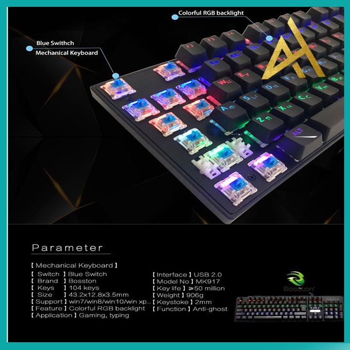 Bàn Phím Máy Vi Tính Laptop Chơi Game BOSSTON MK912A LED 7 Màu RGB - Bàn phím Cơ Keyboard Gaming Có Dây