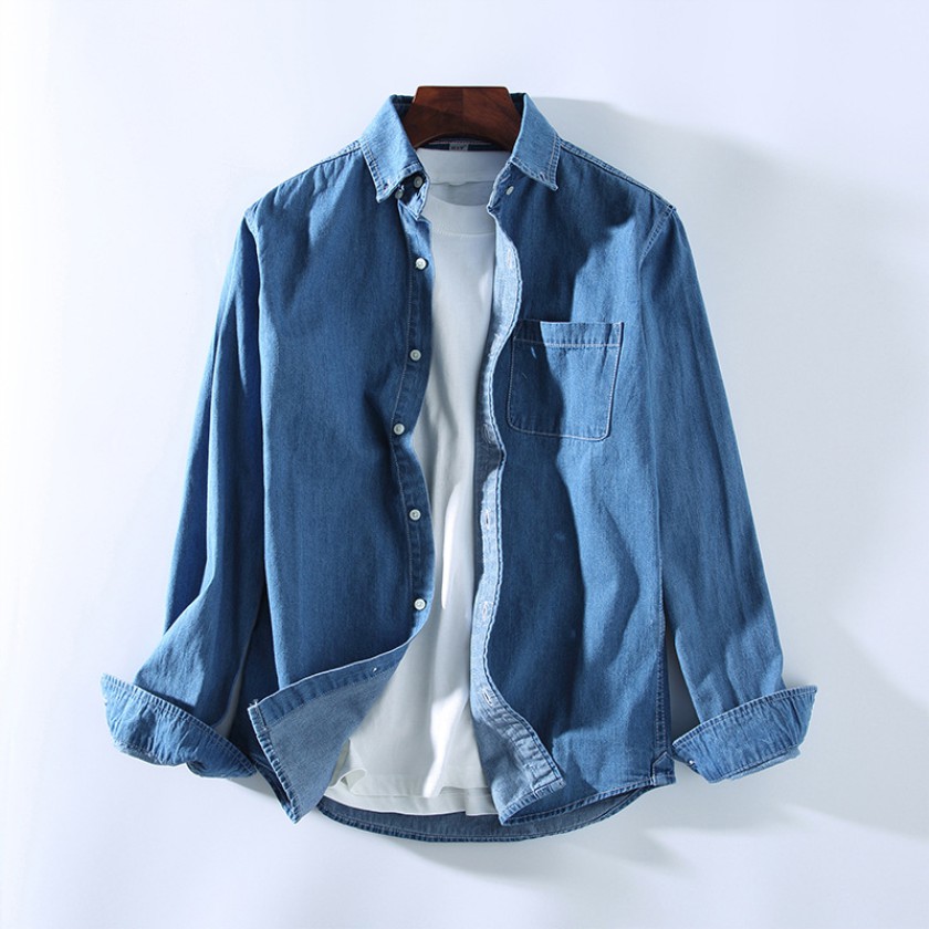 Áo Sơ Mi Denim Cotton Tay Dài Dáng Ôm Phối Túi Đơn Thời Trang Retro Hong Kong Cho Nam