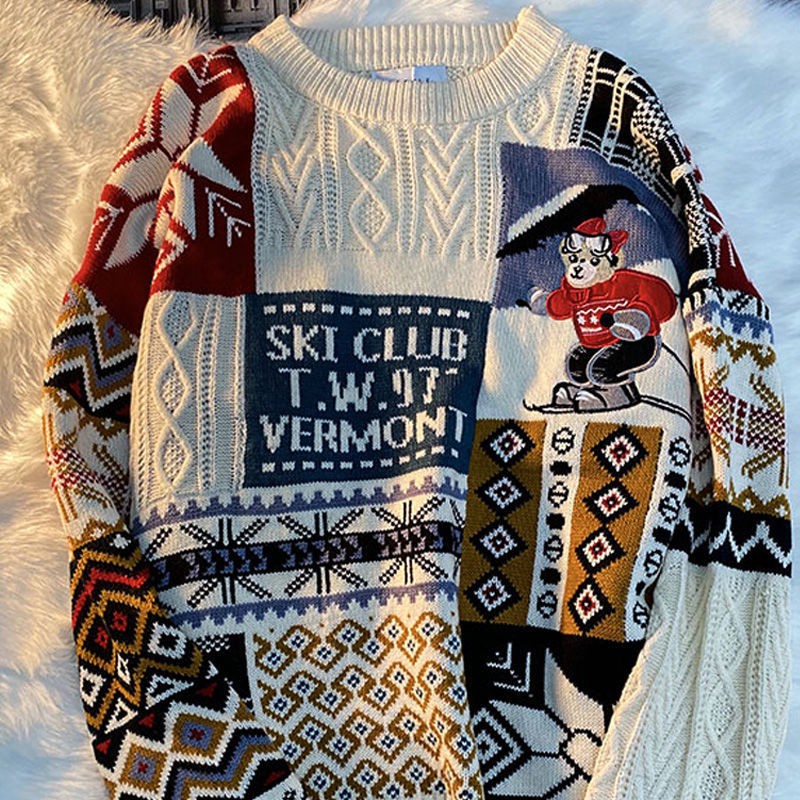 Áo len dáng rộng dày dặn họa tiết chú gấu phong cách retro hong kong thời trang thu đông cho nam và nữ size m-2xl
