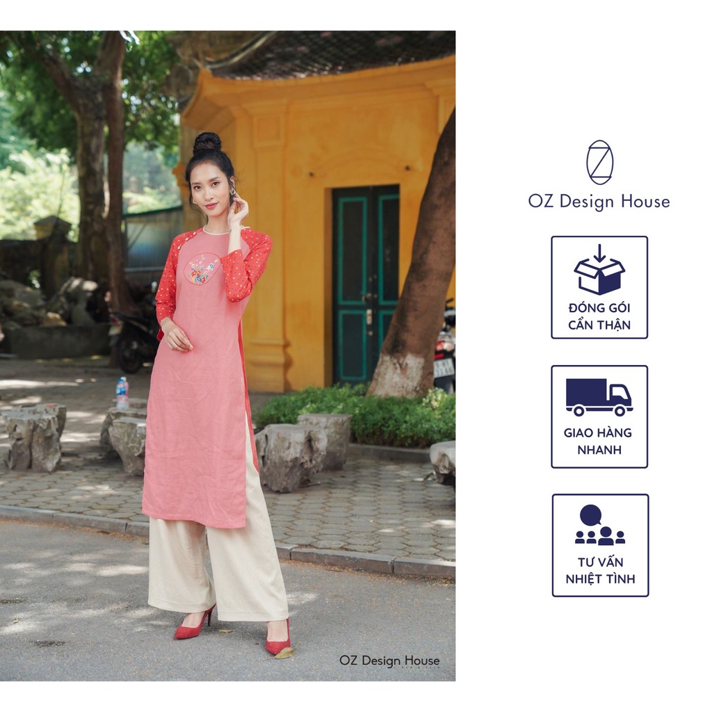 Áo dài nữ OZ Design House AD0250107T19 màu hồng nữ tính phối tay hoa thêu hoa đào phù hợp quý cô công sở