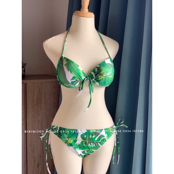 Đồ bơi nữ đi biển, bikini 2 mảnh nâng ngực hoạ tiết hoa lá xanh