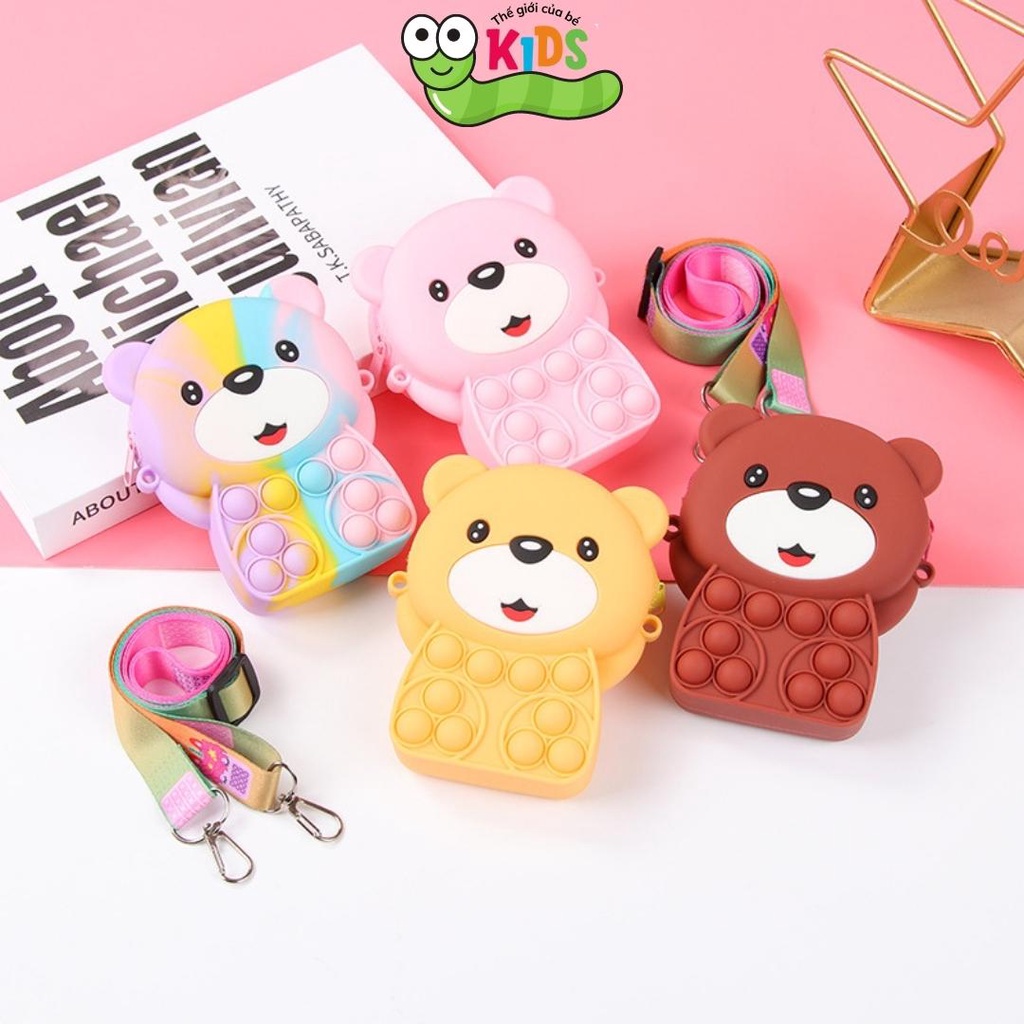 Túi POPIT Gấu xinh dễ thương đeo chéo chất liệu silicon cho bé bóp bong bóng giảm căng thẳng - TÚI GẤU NHỎ
