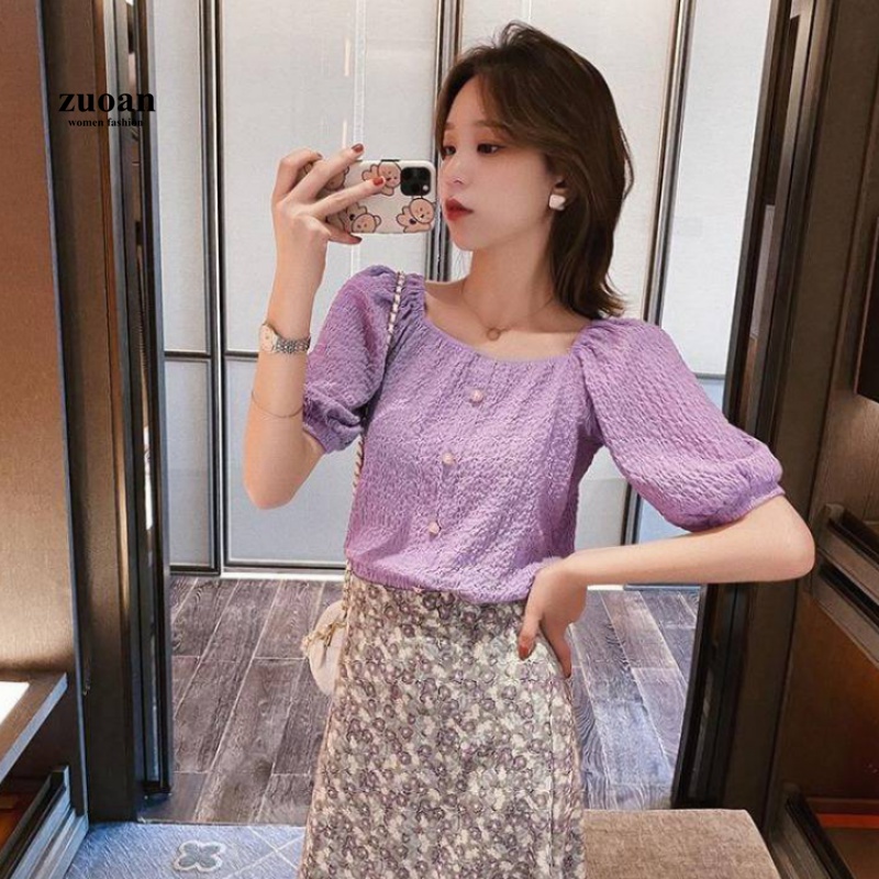 SUXI Áo Tay Ngắn Thiết Kế Cổ Vuông Dáng Rộng Màu Trơn Đáng Yêu Cho Nữ