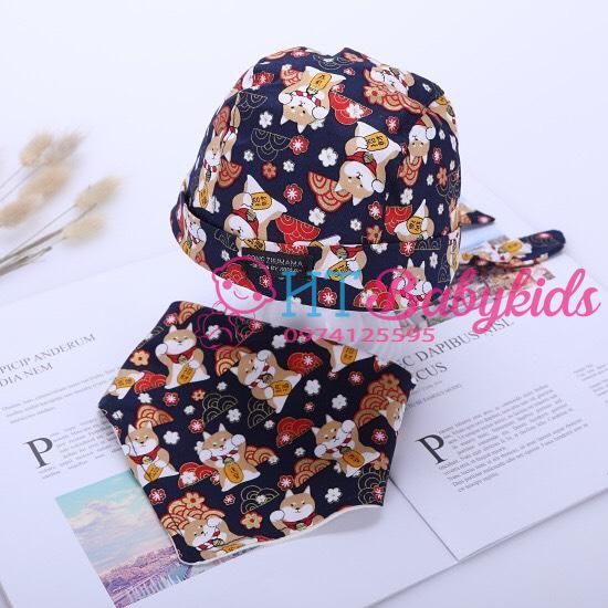 Mũ Cho Bé Họa Tiết Mèo May Mắn Kèm Khăn Đáng Yêu