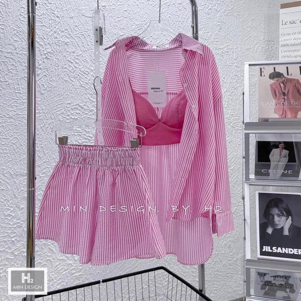 Set 3 món đi biển đũi xốp kẻ thụng áo sơ mi kèm bra mix quần short