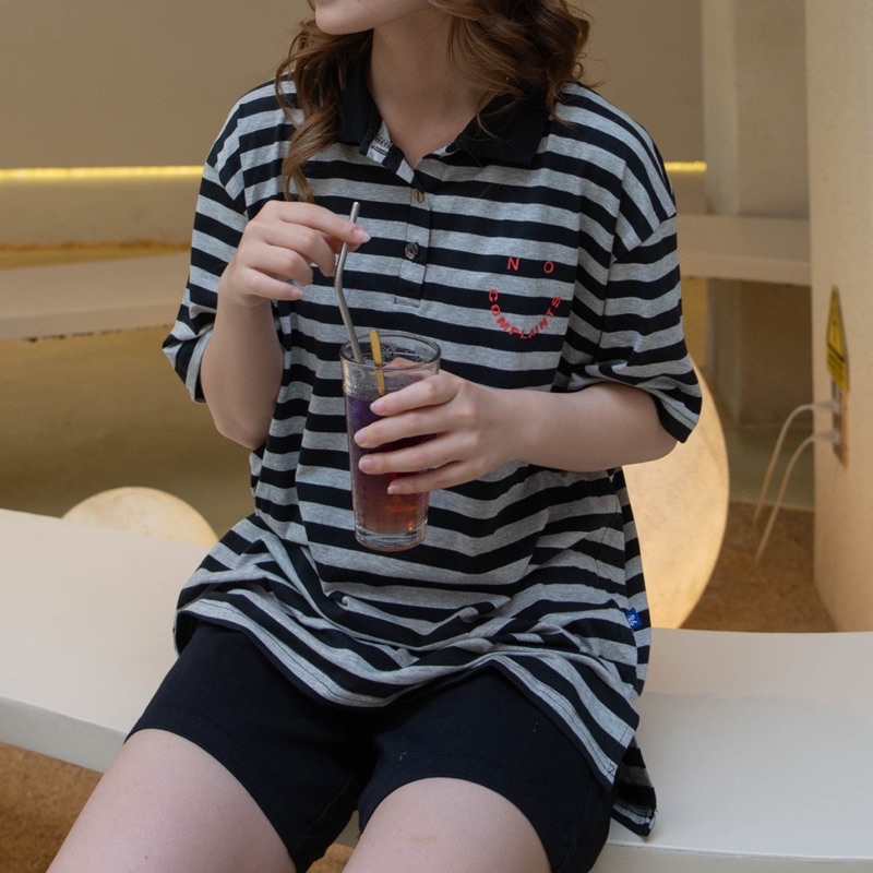 Comic - Áo Polo kẻ ngang in cao su nổi 93%