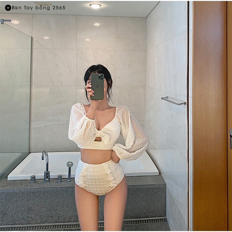 Bikini 2 Mảnh Tay Bồng VINTAGE Tiểu thư❣️[FREESHIP]❣️ Set đồ bơi 2 mảnh quần cạp cao, tay dài cực xinh