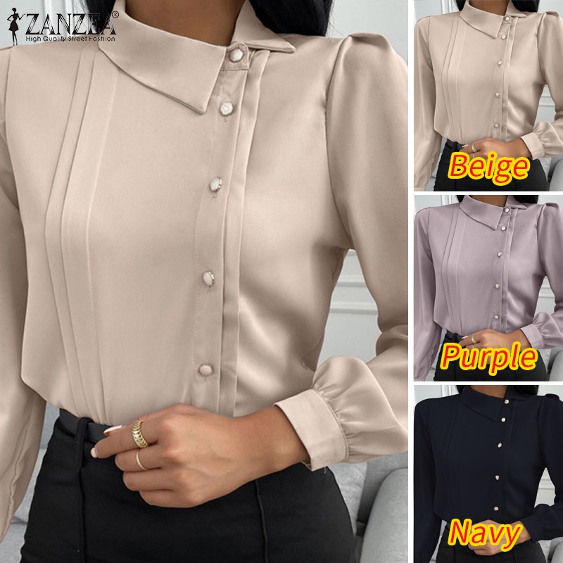 Zanzea Áo Sơ Mi Nữ Tay Dài Vải Satin Màu Trơn Thời Trang Thanh Lịch