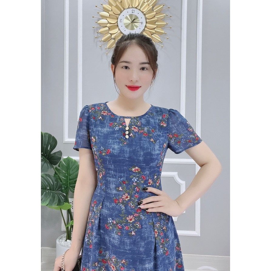 Đầm Trung Niên Thiết Kế Sang Trọng Có Big Size - Thời Trang Trung Niên 2022 - DP087 Xanh Jean