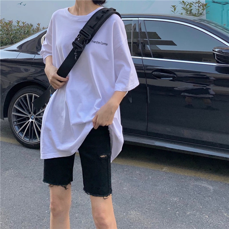 AMOI Quần Short Denim Màu Đen Lưng Cao Dáng Suông Rách Cá Tính Có Size Lớn Phong Cách Hàn Quốc Cho Nữ