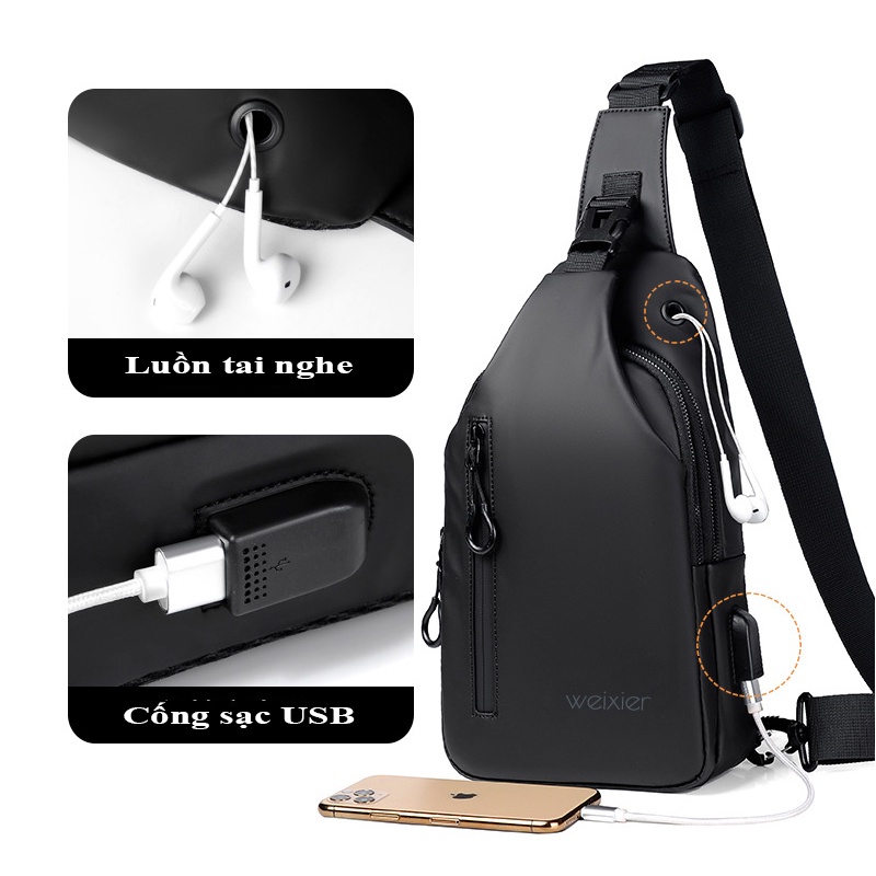 Túi Đeo Chéo Nam Nữ Mini Bag Chống Nước, Túi Đeo Vai Chéo Có Cổng Sạc USB SPORTME