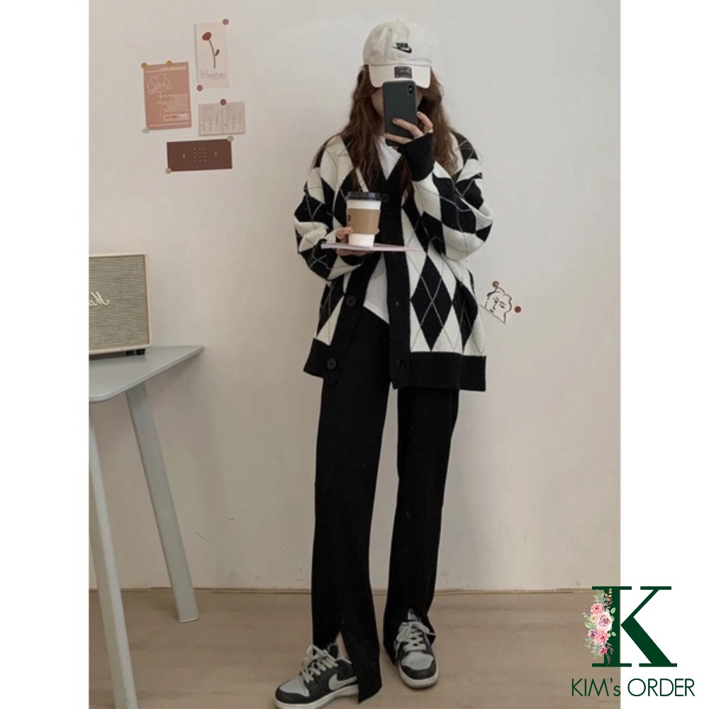 Áo cardigan nữ khoác ngoài màu hồng đen chất len hoạ tiết hình quả trám to phom rộng loại 1 phong cách tiểu thư Hàn Quốc