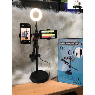 ĐÈN LIVE TREAM 4 IN1 ,2 kẹp điện thoại,1 đèn ,1 kẹp micro