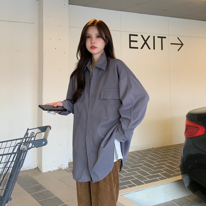 Áo Sơ Mi Nữ Tay Dài Oversize Màu Trơn Phong Cách Hàn Quốc