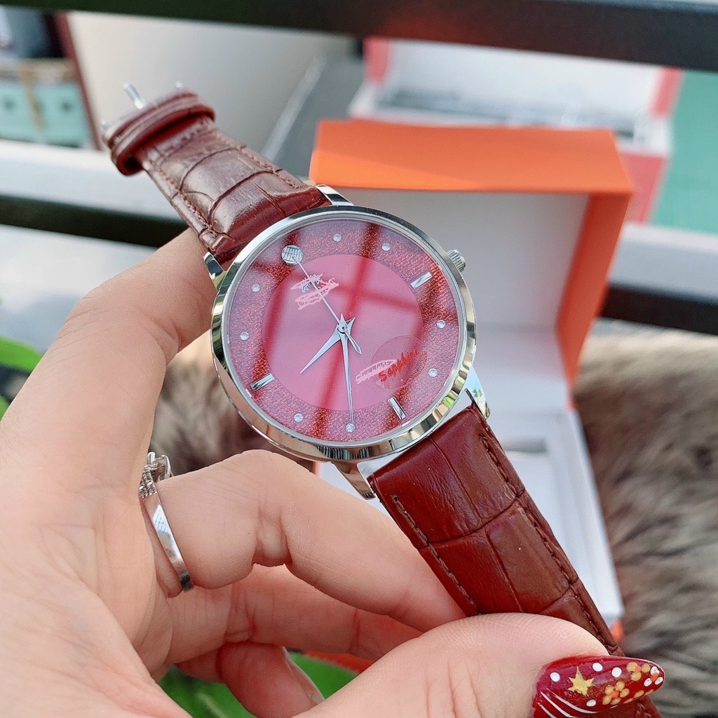 Đồng hồ đôi nam dây da ORT38 mặt xanh đỏ viền bạc vàng dây nâu đen chống nước