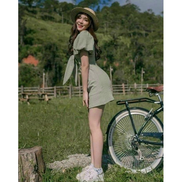 Váy xanh nơ ngưc , đầm nữ đẹp tay bo phồng, váy nữ cao cấp | BigBuy360 - bigbuy360.vn