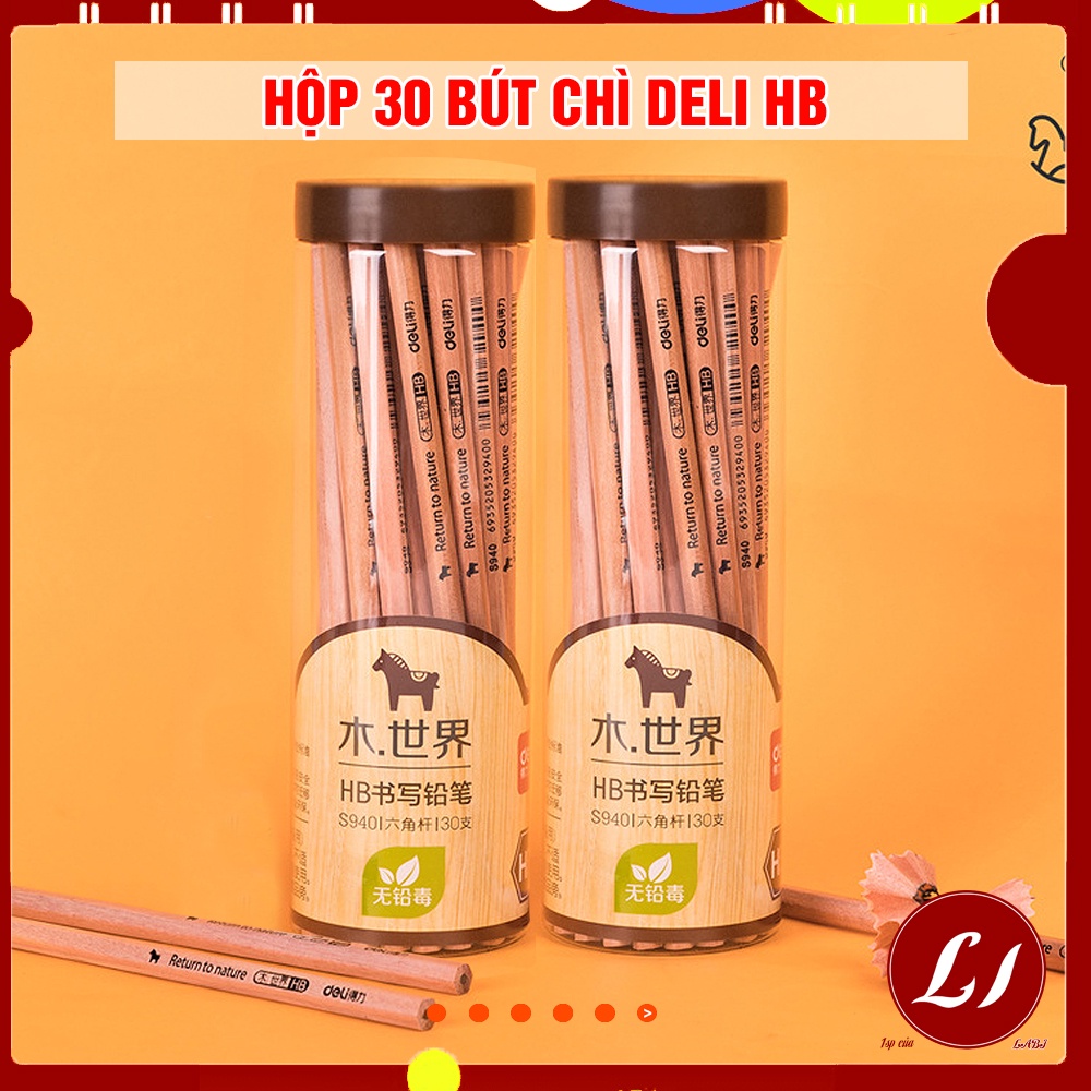 Hộp 30 Bút chì gỗ Deli HB màu đậm, rõ nét tiện lợi (hộp tròn)