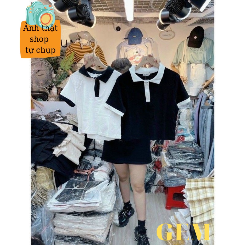 Áo croptop nữ kiểu tay ngắn phối cổ bẻ , Áo thun nữ cổ Polo Basic trơn thời trang