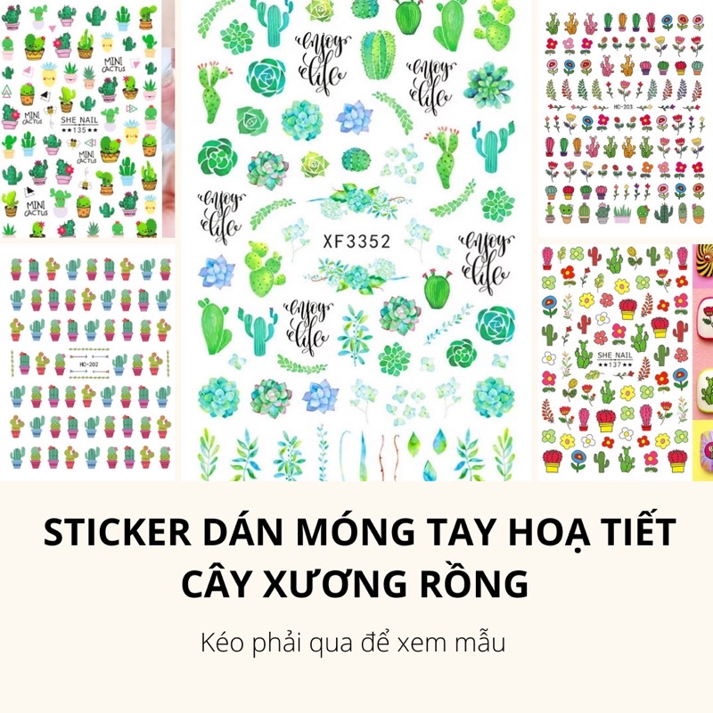 Sticker,hình dán móng hoạ tiết cây xương rồng, cây sen đá trang trí móng tay nail