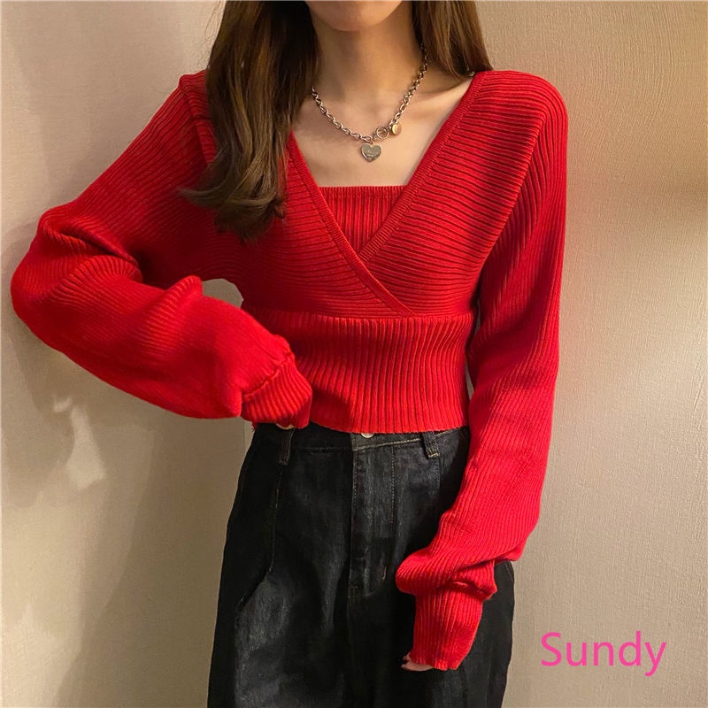 Áo sweater dệt kim tay phồng cổ chữ v phối áo dây bên trong giả 2 lớp thời trang mùa thu cho nữ