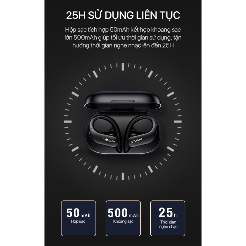 Tai Nghe Không Dây Bluetooth 5.0 VIVAN Sport X Kiểu Dáng Thể Thao Chống Nước IPX5 Cảm Ứng Thông Minh Playtime Đến 25H