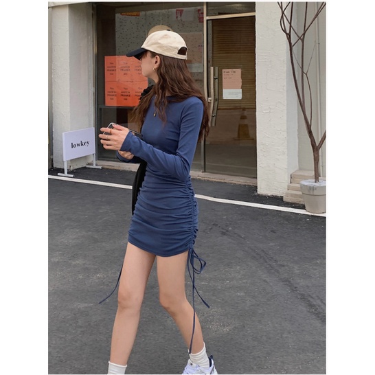 Đầm SUXI cotton tay dài dáng ôm phối dây rút gợi cảm cho nữ