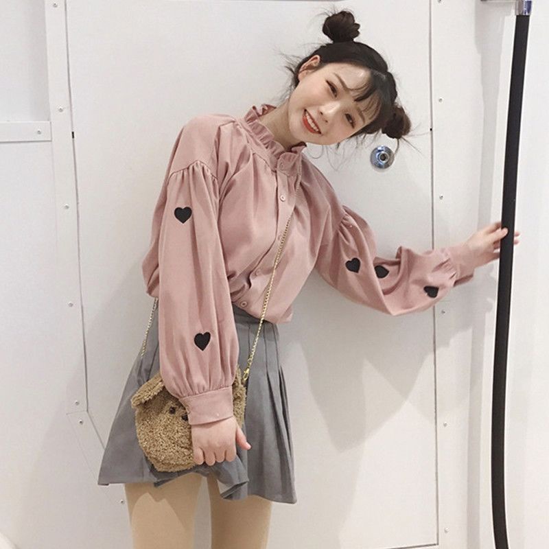 Áo Sơ Mi Tay Dài Phồng Thêu Họa Tiết Trái Tim Phong Cách Hàn Quốc Dành Cho Nữ