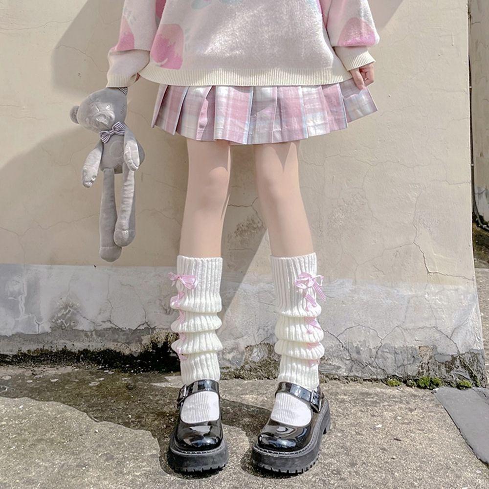 Vỏ Len Bọc Đầu Gối Giữ Ấm Mùa Đông Co Giãn Họa Tiết Sọc Caro Đính Nơ Phong Cách Lolita