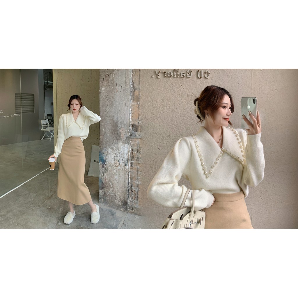 Set Áo Len Tay Phồng Cổ Chữ V Đính Hạt + Chân Váy Lưng Cao Thời Trang Cho Nữ