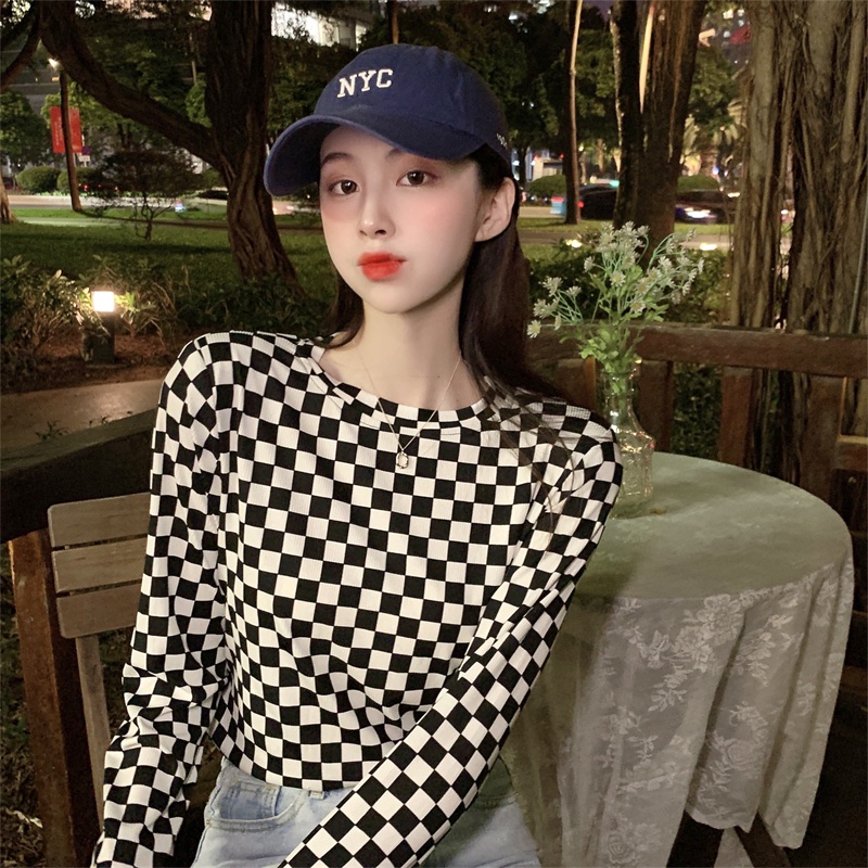 【ZHELIHANGFEI】Áo Thun Tay Dài Cổ Tròn Họa Tiết Sọc Caro Thời Trang