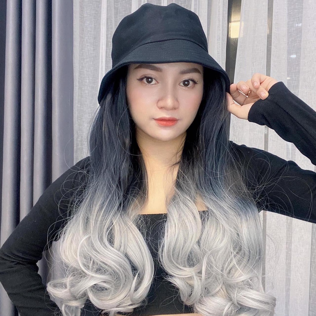Mũ tóc giả xoăn dài omber xám khói. tóc giả kèm nón