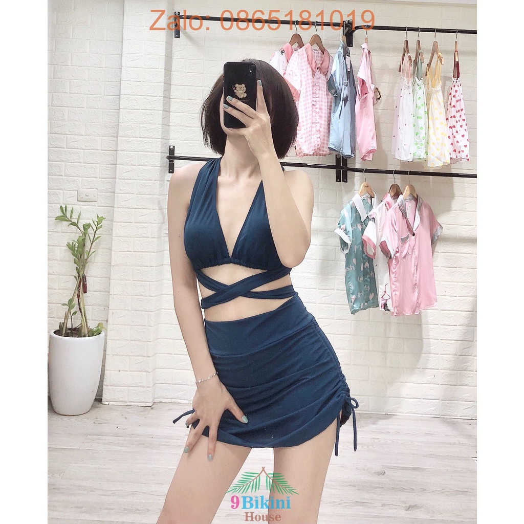Bikini 2 mảnh quần giả váy xanh cổ vịt đậm mới nhất mặc đi biển đi bơi đẹp | BigBuy360 - bigbuy360.vn
