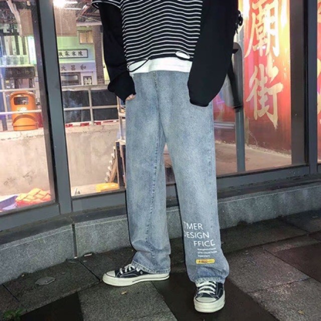 Quần jeans nam nữ ống suông phong cách Hàn Quốc có chữ